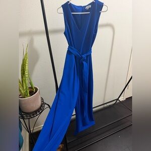 Calvin Klein Sleeveless V-Neck Belted Jumpsuit in Electric Blue